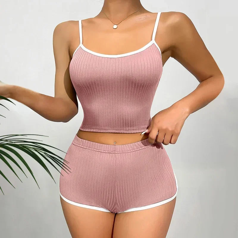 Europe and America Sleepwear Homewear Sexy Nightwear Ladies Solid Color Pajamas Thin Suspender Ribbed Loungewear 2PCS/Set