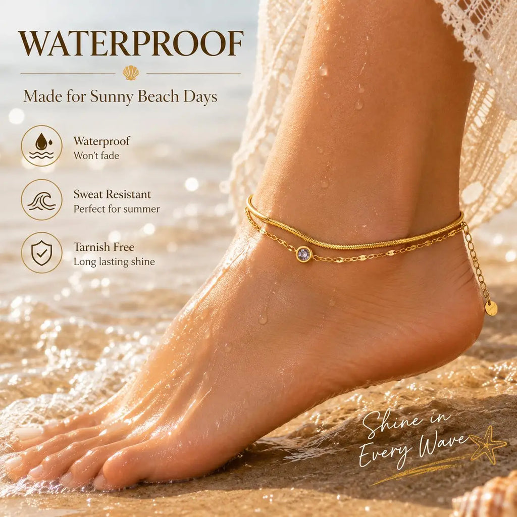Waterproof CZ Snake Chain Anklet, Tarnish Free 18K Gold Plated Stainless Steel Double Layered Foot Bracelet for Women