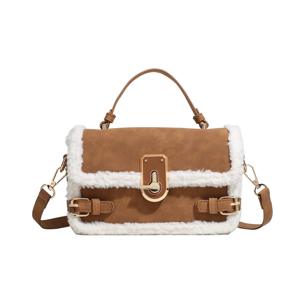 High Quality Burgundy Chic Lock Crossbody Bag 2025 New Women's Lamb Wool Splicing Shoulder Bags Fashion Elegant Ladies Handbag
