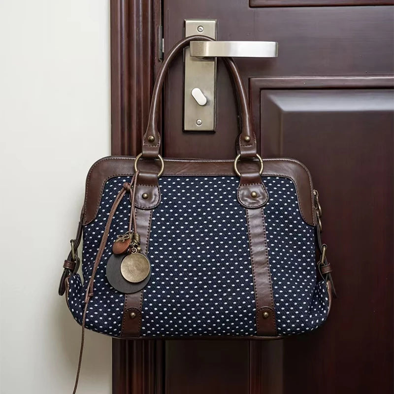 Vintage Polka Dot Tote Bag Women Preppy Style Large Capacity Handbag Briefcase Versatile Commuter Shoulder Bag With Leather Trim