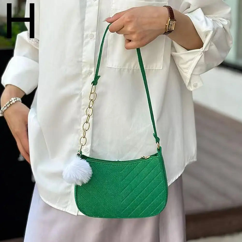 Winter Felt Bag Pom Pom Solid Color Underarm Shoulder Bag Small Square Purse Fashion Crossbody Bag Casual Cute Gift For Woman
