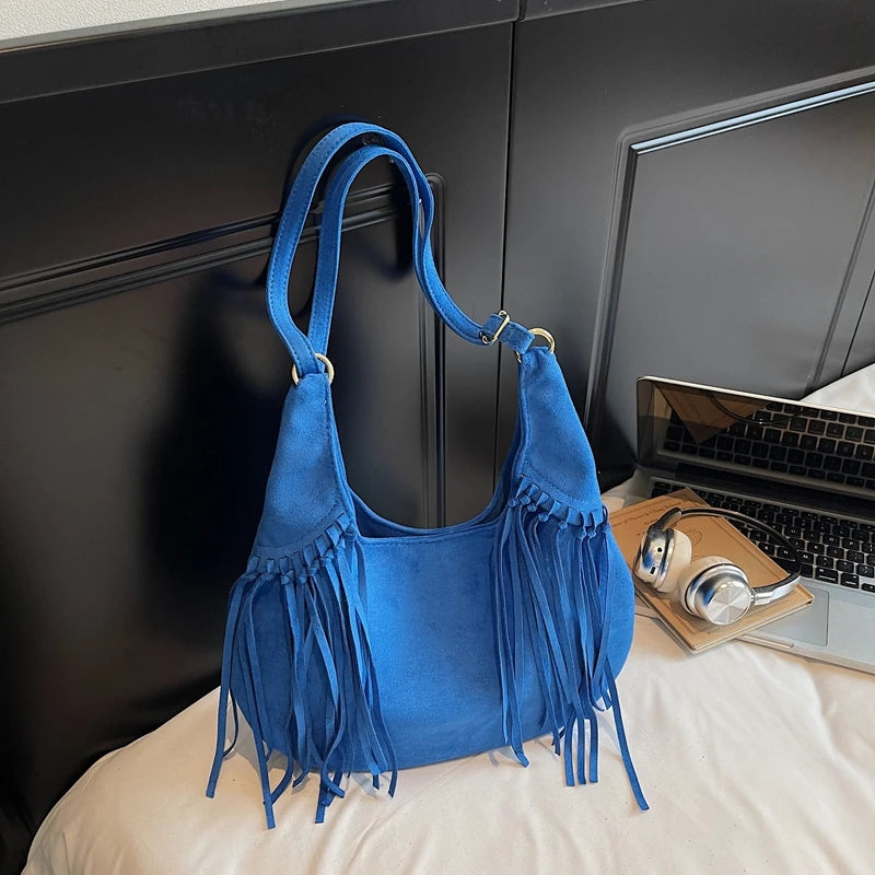 LEFTSIDE Design Faux Suede Shoulder Bags for Women 2025 Tassels Crossbody Bag Females Retro New Luxury Handbags and Purses