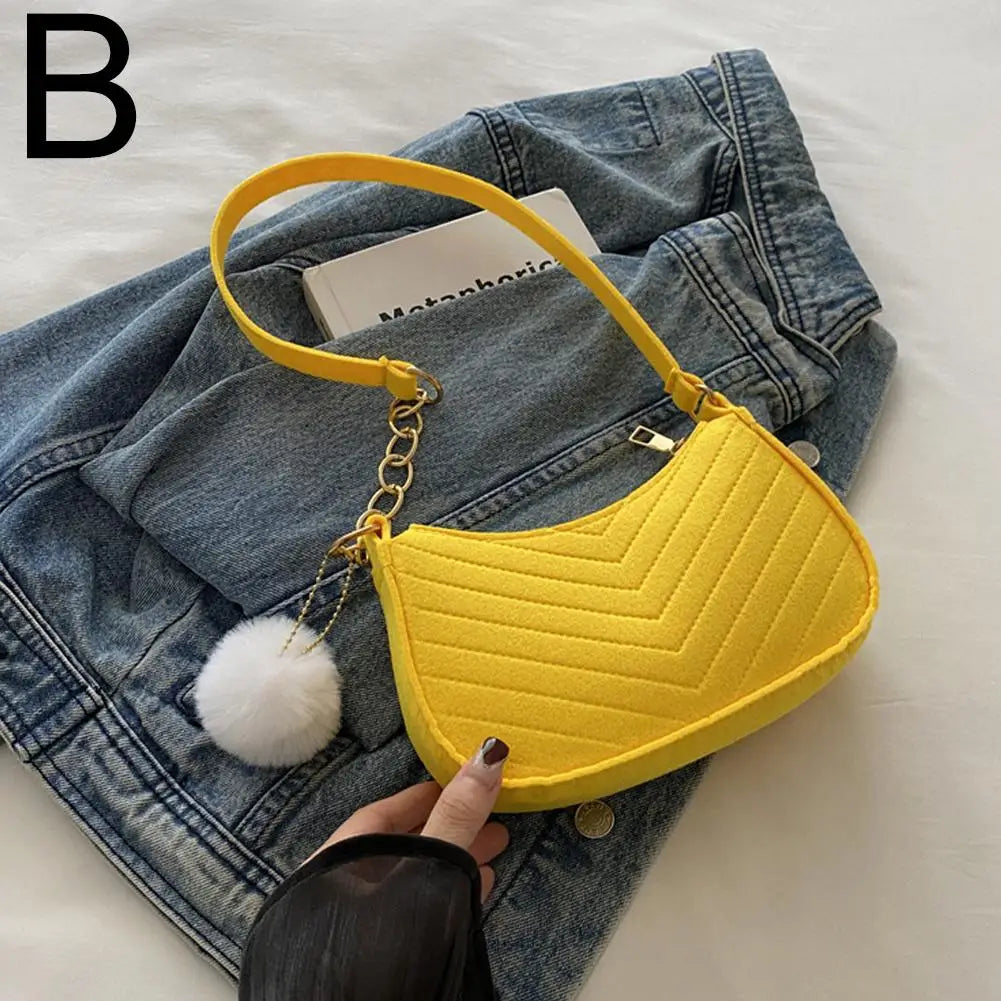 Winter Felt Bag Pom Pom Solid Color Underarm Shoulder Bag Small Square Purse Fashion Crossbody Bag Casual Cute Gift For Woman