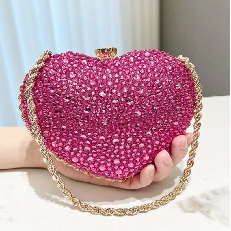 Luxury Diamond Inlay Heart Shape Crystal Clutch Purse Stones Evening Wedding Party Shoulder Bag Handle Rhinestone Mini Handbags
