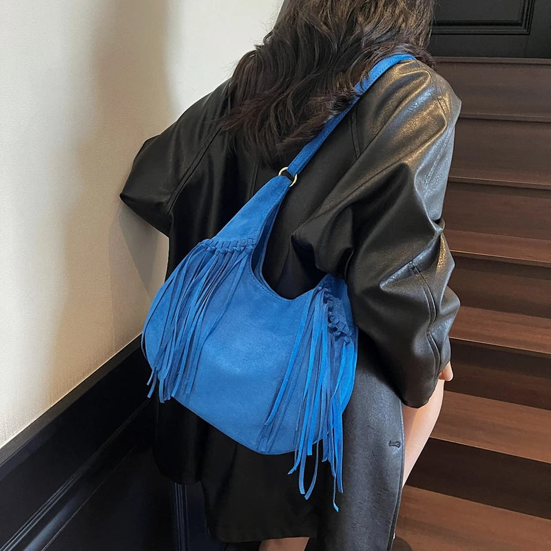 LEFTSIDE Design Faux Suede Shoulder Bags for Women 2025 Tassels Crossbody Bag Females Retro New Luxury Handbags and Purses