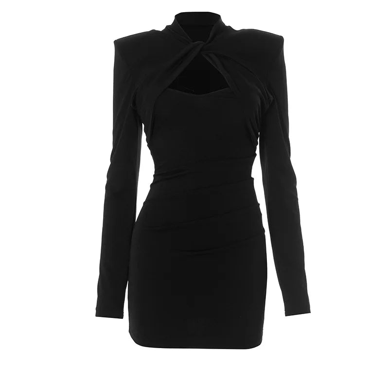 Fashion Autumn Sexy Women Slim Fit Long Sleeve Dress Party Elegant Hollow Out Short Evening Dress Spring Mock Neck Clothing