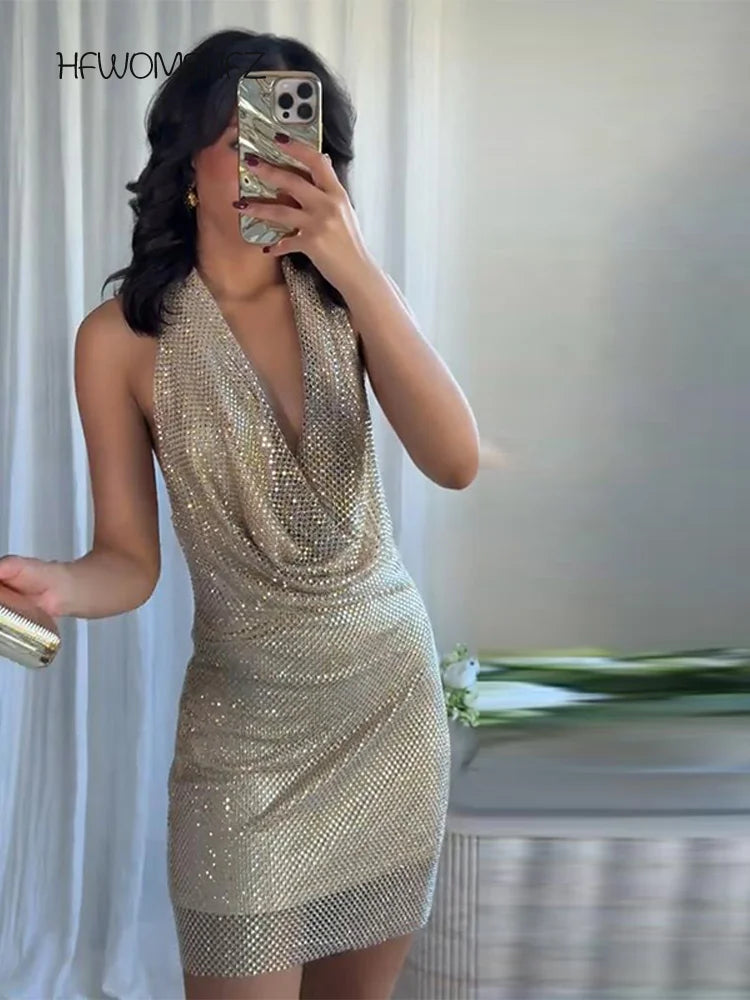 Sexy Diamond Halter Dress Women Shinny Sleeveless Backless V-neck Slim A-line Dresses Female 2026 Spring Summer Party Lady Robes