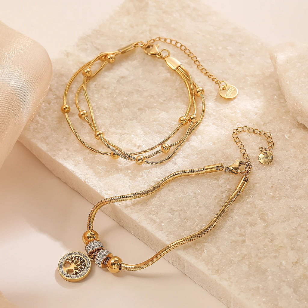 Trendy Gold Color 316L Stainless Steel Party Jewelry Femme Bijoux Multilayer Life Tree Heart Charm Bracelets For Women