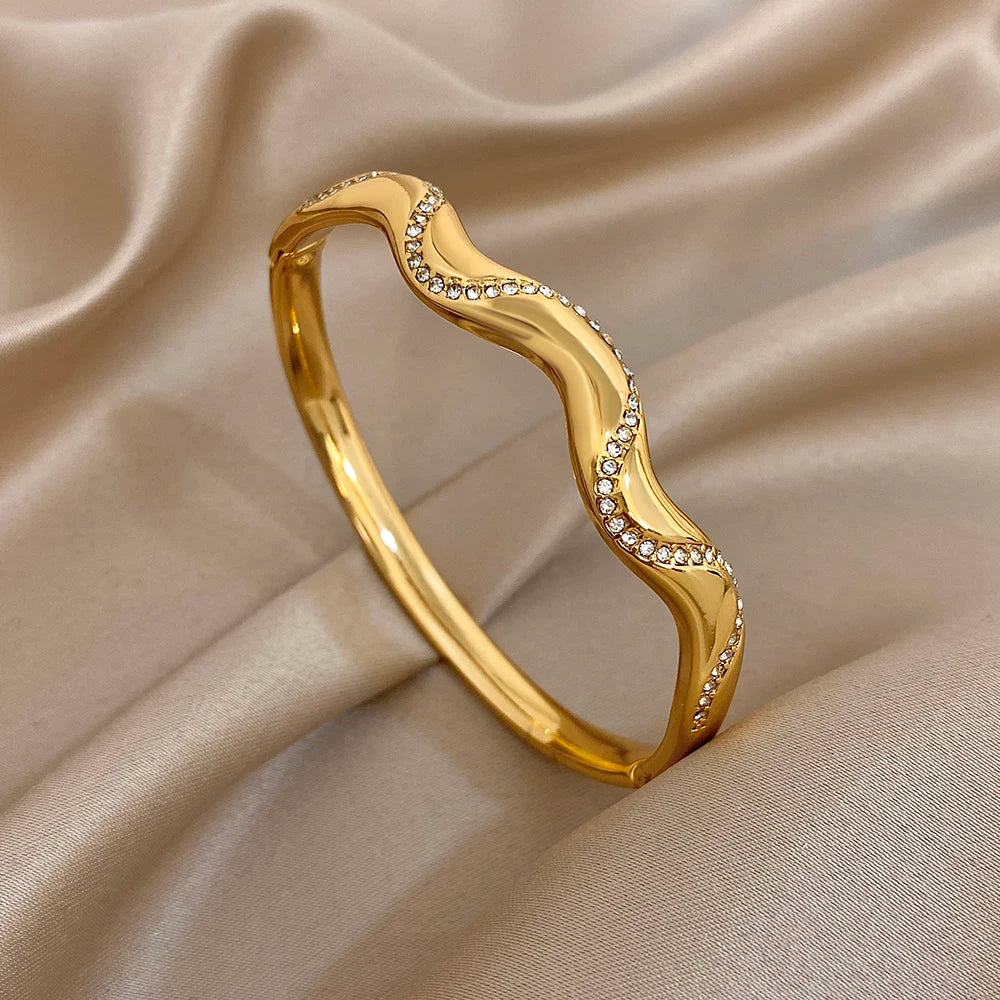 3Style Design Stainless Steel Open Bangle Fashion Half-wavy Diamond-encrusted Fine Bracelet For Women Men European American New
