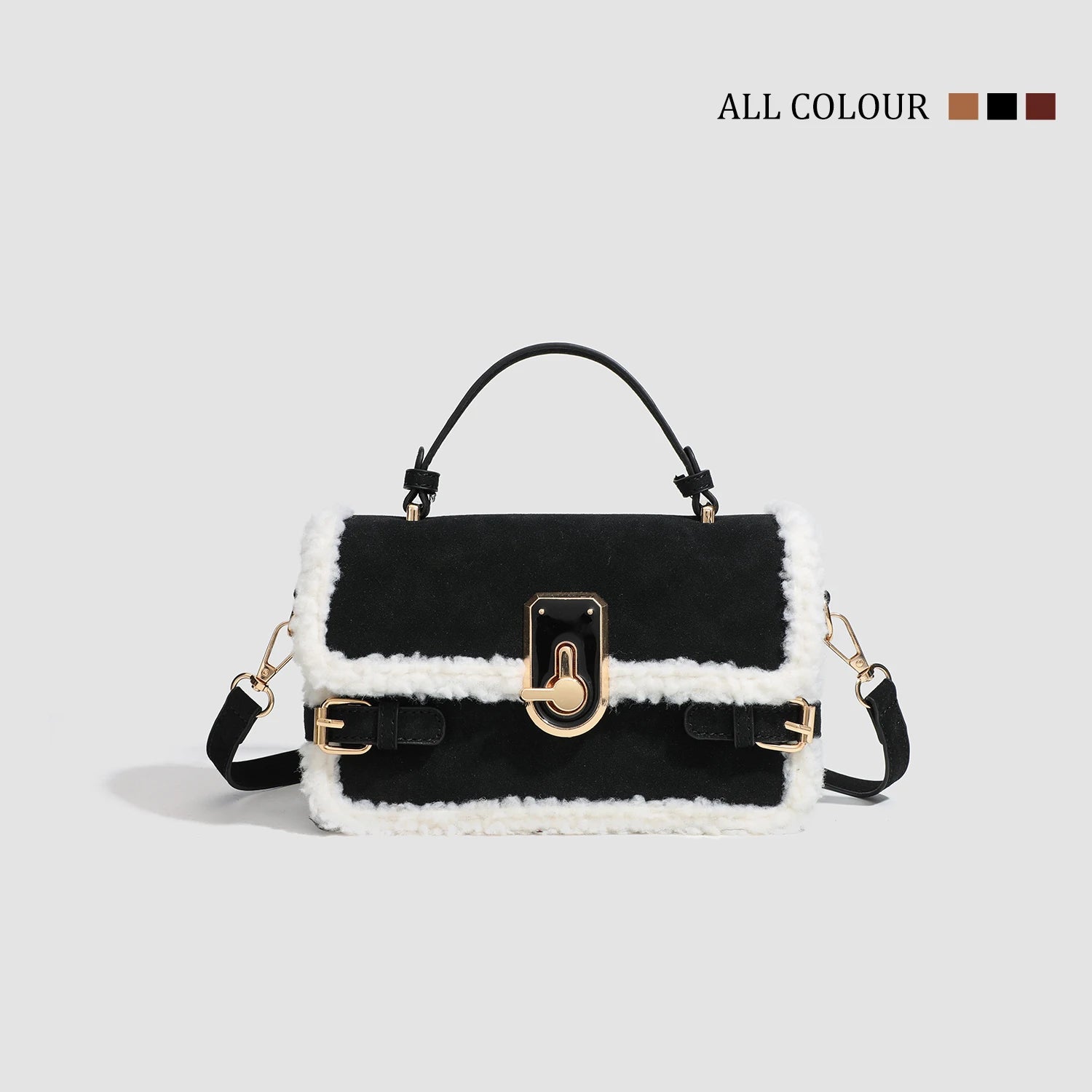 High Quality Burgundy Chic Lock Crossbody Bag 2025 New Women's Lamb Wool Splicing Shoulder Bags Fashion Elegant Ladies Handbag