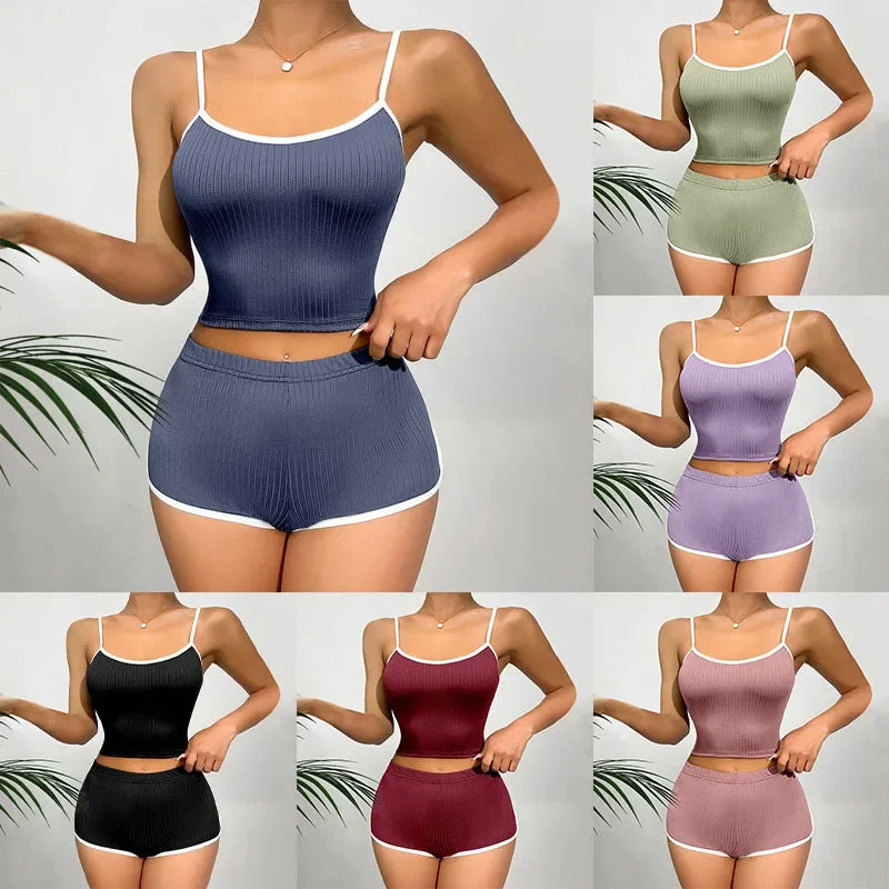 Europe and America Sleepwear Homewear Sexy Nightwear Ladies Solid Color Pajamas Thin Suspender Ribbed Loungewear 2PCS/Set
