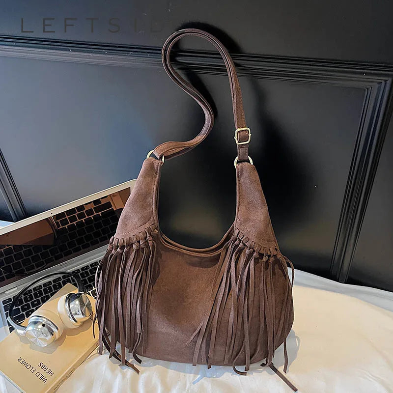 LEFTSIDE Design Faux Suede Shoulder Bags for Women 2025 Tassels Crossbody Bag Females Retro New Luxury Handbags and Purses