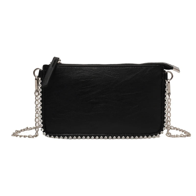 Solid color Black Crossbody Bags For Women Beading Chain Mobile Phone Purses Fashion Shoulder Messenger Bag