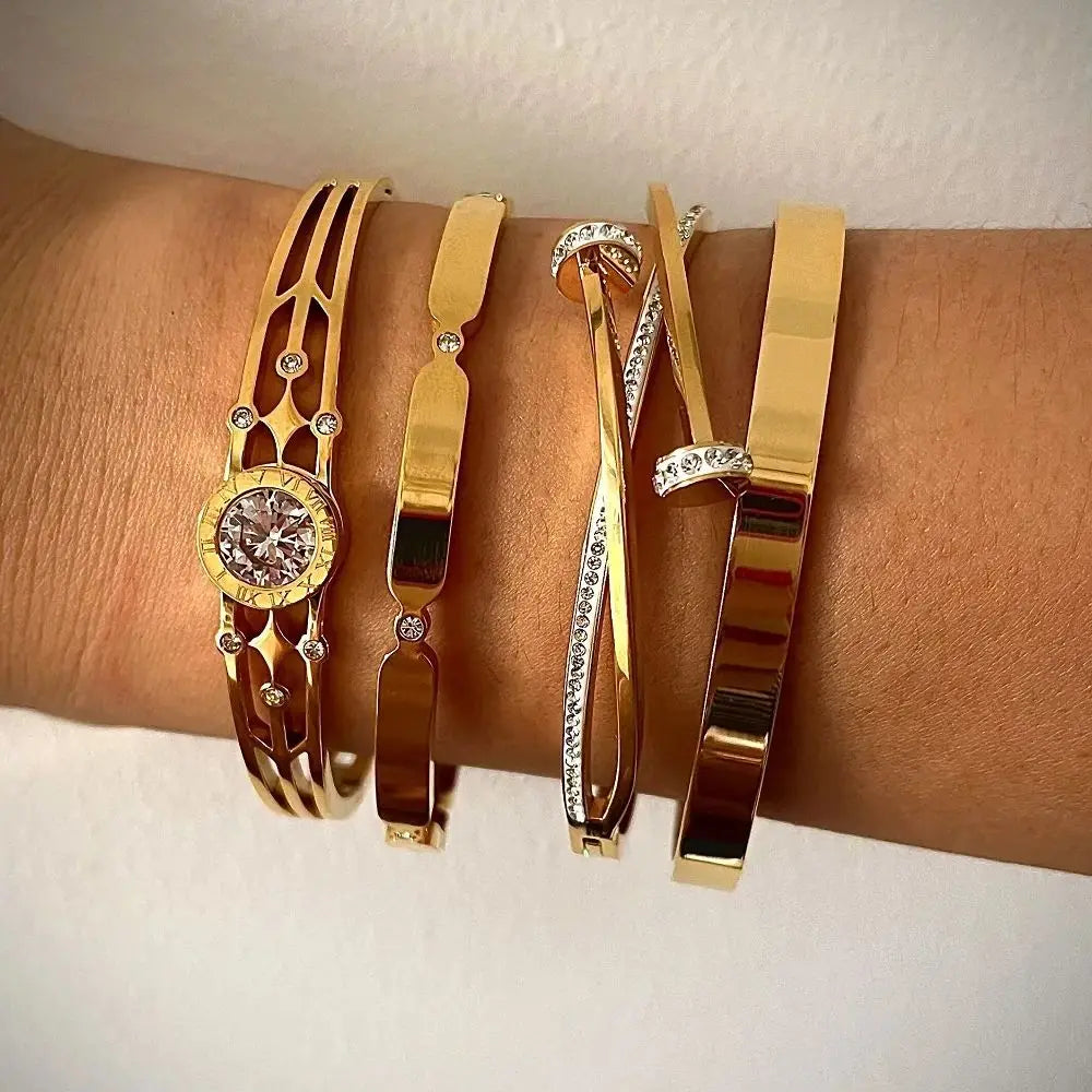 New Design Gold Color Zircon And Cross Nut Nail Bracelet & Bangles For Woman Metal Stainless Steel Waterproof  Jewelry Wholesale