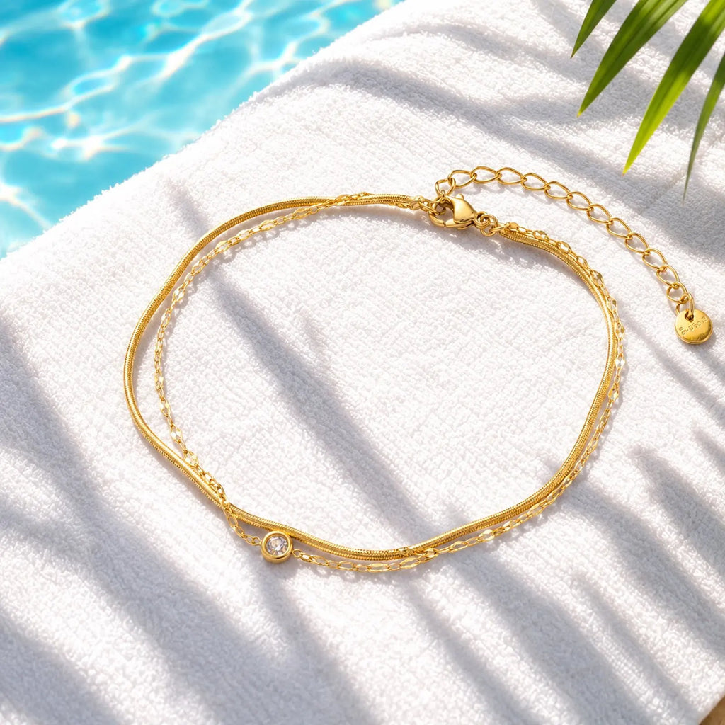 Waterproof CZ Snake Chain Anklet, Tarnish Free 18K Gold Plated Stainless Steel Double Layered Foot Bracelet for Women