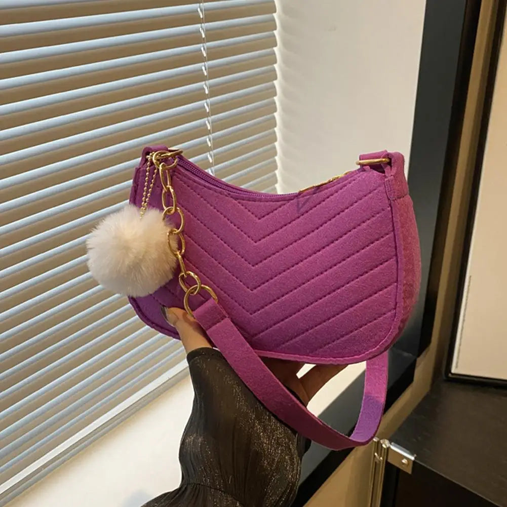 Winter Felt Bag Pom Pom Solid Color Underarm Shoulder Bag Small Square Purse Fashion Crossbody Bag Casual Cute Gift For Woman