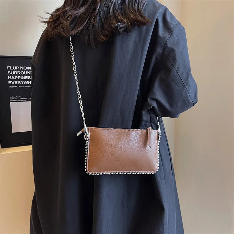 Solid color Black Crossbody Bags For Women Beading Chain Mobile Phone Purses Fashion Shoulder Messenger Bag