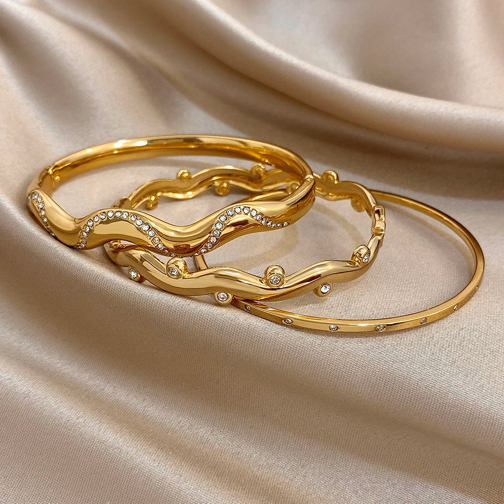 3Style Design Stainless Steel Open Bangle Fashion Half-wavy Diamond-encrusted Fine Bracelet For Women Men European American New