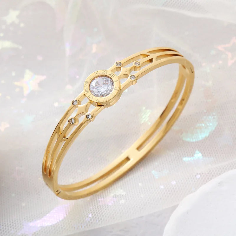 New Design Gold Color Zircon And Cross Nut Nail Bracelet & Bangles For Woman Metal Stainless Steel Waterproof  Jewelry Wholesale