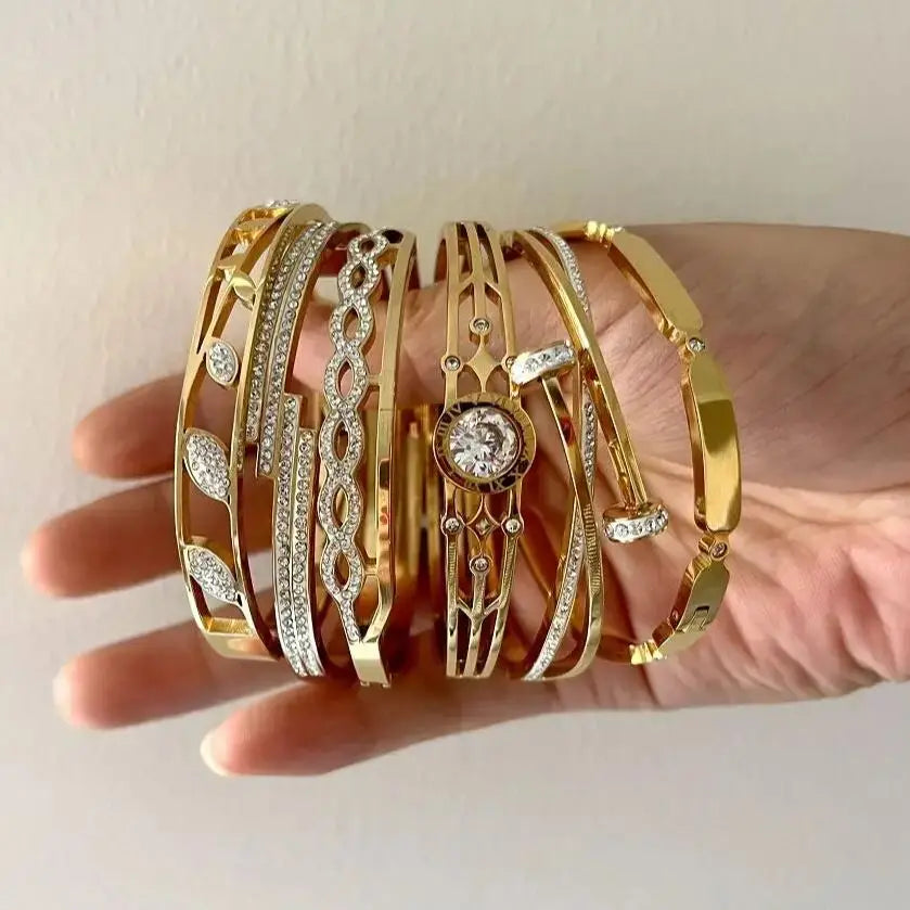 New Design Gold Color Zircon And Cross Nut Nail Bracelet & Bangles For Woman Metal Stainless Steel Waterproof  Jewelry Wholesale