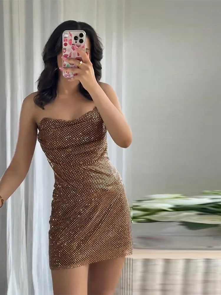 Sexy Diamond Halter Dress Women Shinny Sleeveless Backless V-neck Slim A-line Dresses Female 2026 Spring Summer Party Lady Robes