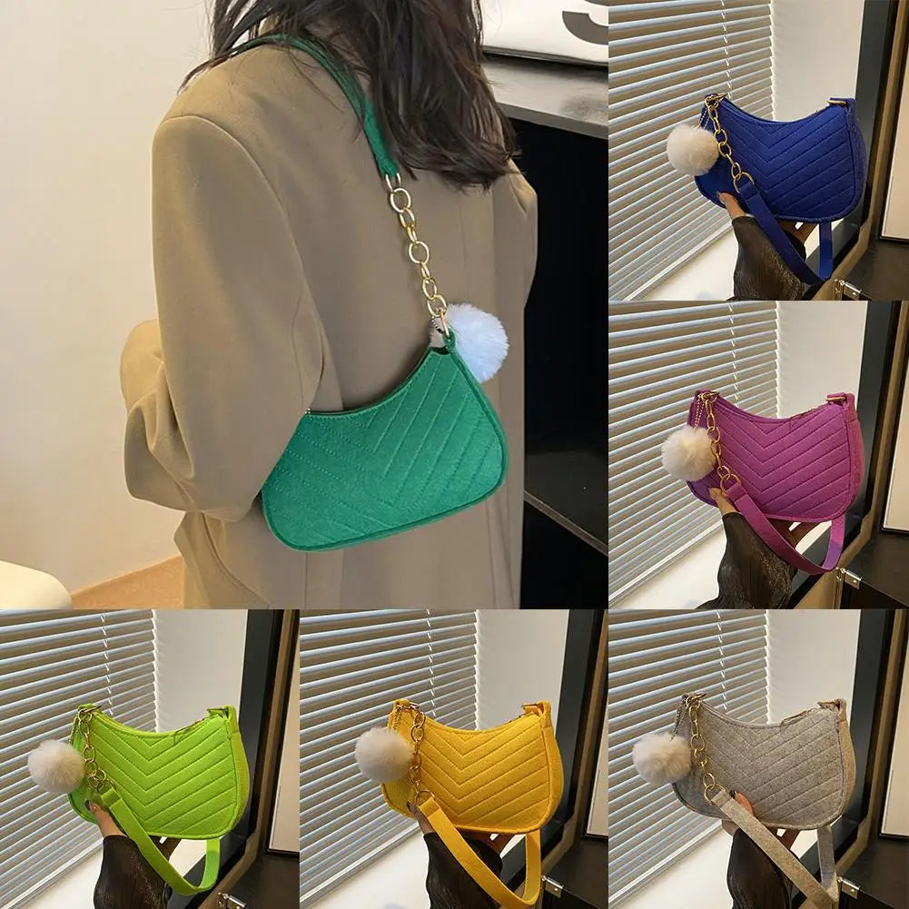 Winter Felt Bag Pom Pom Solid Color Underarm Shoulder Bag Small Square Purse Fashion Crossbody Bag Casual Cute Gift For Woman