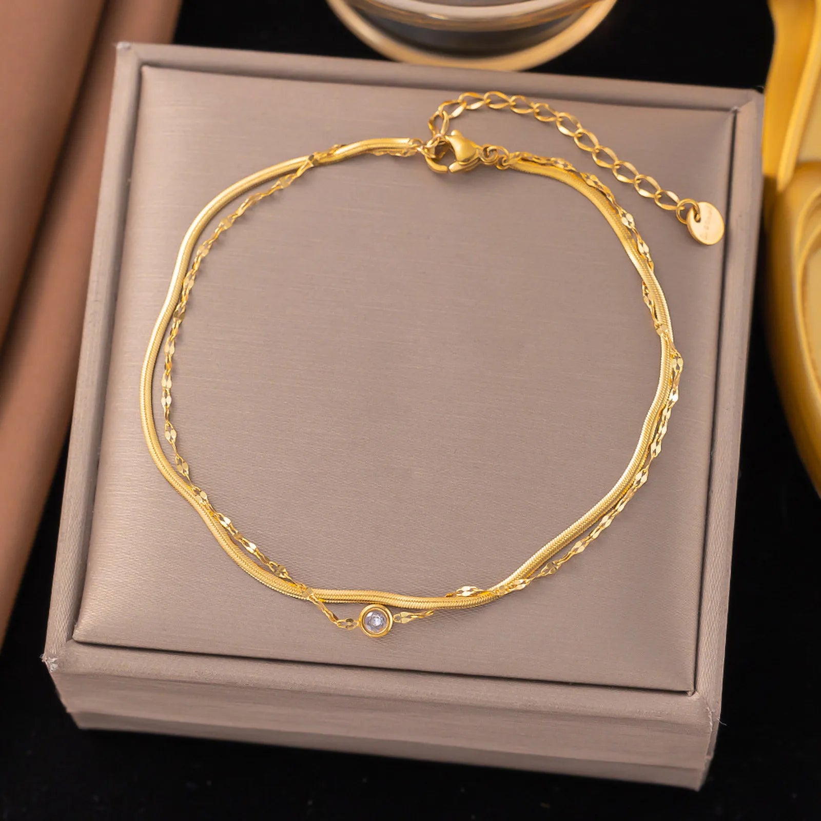 Waterproof CZ Snake Chain Anklet, Tarnish Free 18K Gold Plated Stainless Steel Double Layered Foot Bracelet for Women