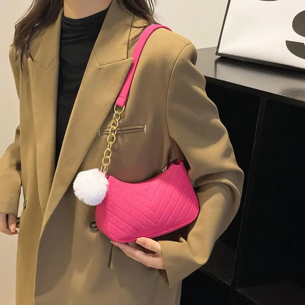 Winter Felt Bag Pom Pom Solid Color Underarm Shoulder Bag Small Square Purse Fashion Crossbody Bag Casual Cute Gift For Woman