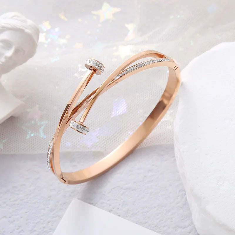 New Design Gold Color Zircon And Cross Nut Nail Bracelet & Bangles For Woman Metal Stainless Steel Waterproof  Jewelry Wholesale