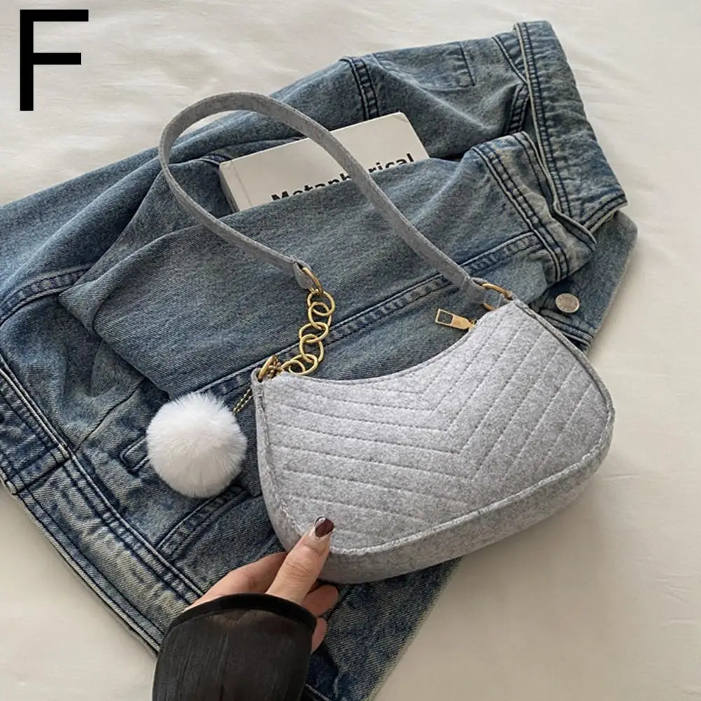 Winter Felt Bag Pom Pom Solid Color Underarm Shoulder Bag Small Square Purse Fashion Crossbody Bag Casual Cute Gift For Woman