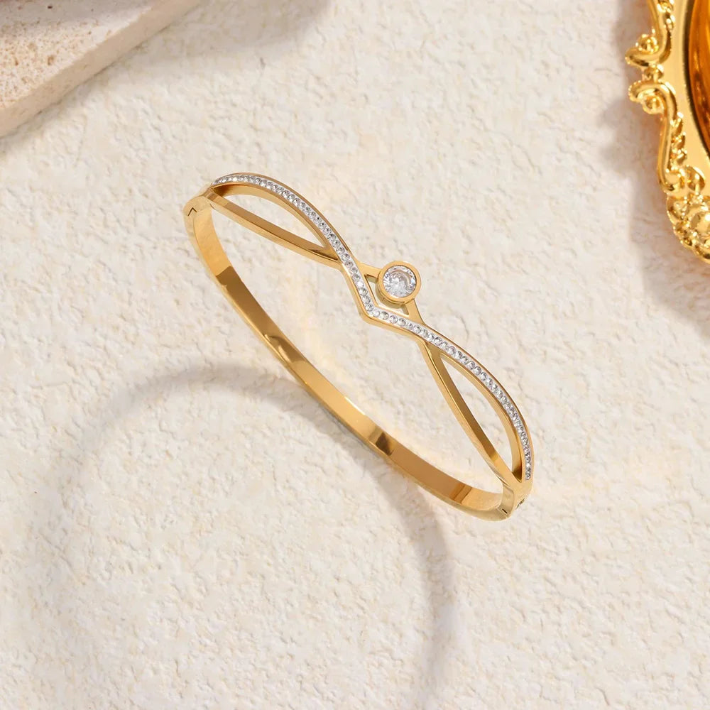 Vintage Rhinestone Cross Shape Bangles Zircon Bracelets for Women Gold Color Geometric Crystal Bangles Jewelry