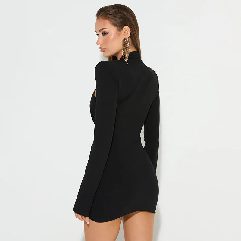 Fashion Autumn Sexy Women Slim Fit Long Sleeve Dress Party Elegant Hollow Out Short Evening Dress Spring Mock Neck Clothing