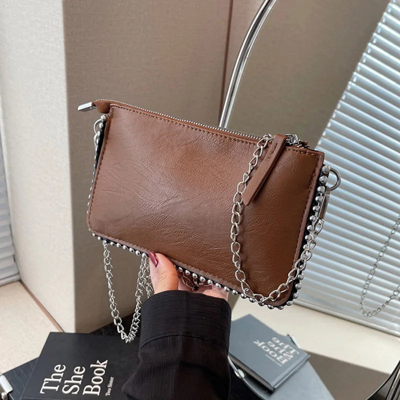 Solid color Black Crossbody Bags For Women Beading Chain Mobile Phone Purses Fashion Shoulder Messenger Bag