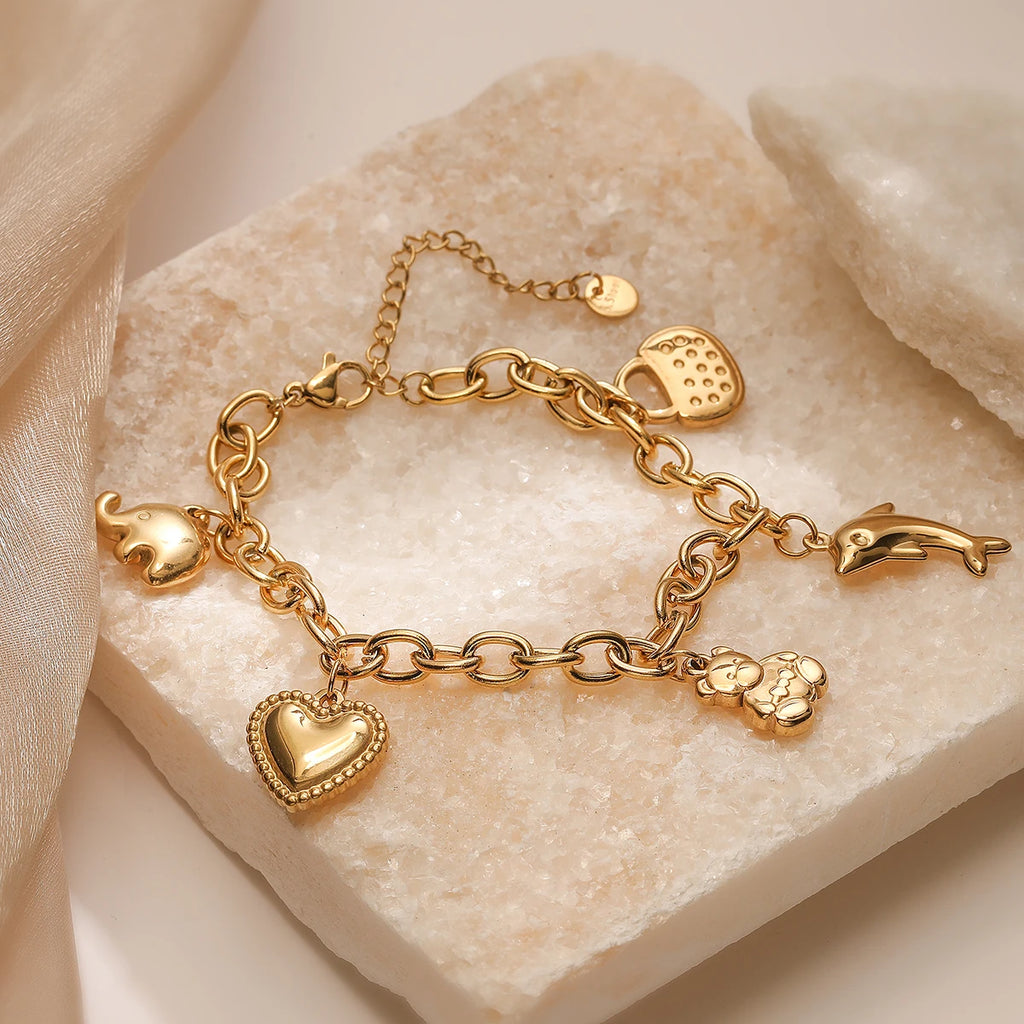 Trendy Gold Color 316L Stainless Steel Party Jewelry Femme Bijoux Multilayer Life Tree Heart Charm Bracelets For Women
