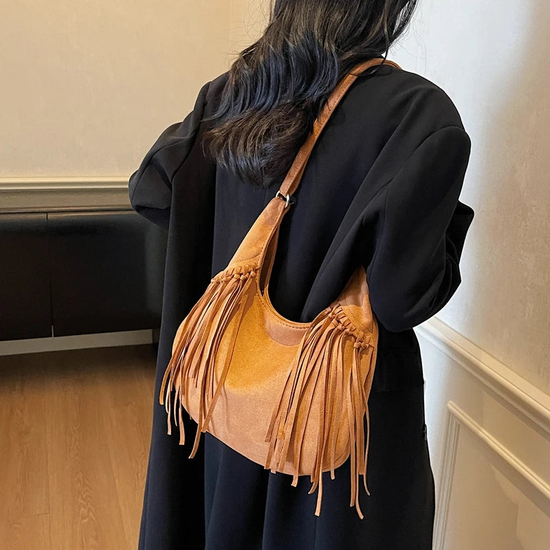 LEFTSIDE Design Faux Suede Shoulder Bags for Women 2025 Tassels Crossbody Bag Females Retro New Luxury Handbags and Purses