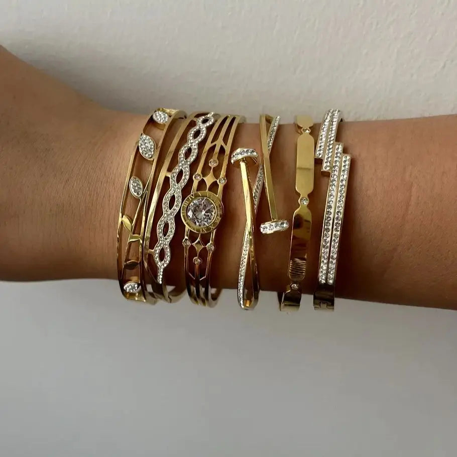 New Design Gold Color Zircon And Cross Nut Nail Bracelet & Bangles For Woman Metal Stainless Steel Waterproof  Jewelry Wholesale