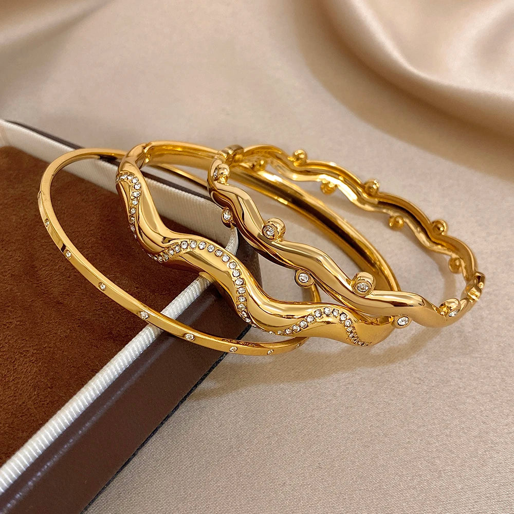 3Style Design Stainless Steel Open Bangle Fashion Half-wavy Diamond-encrusted Fine Bracelet For Women Men European American New