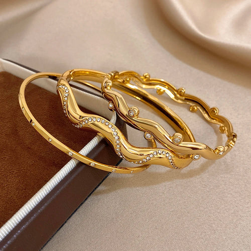 3Style Design Stainless Steel Open Bangle Fashion Half-wavy Diamond-encrusted Fine Bracelet For Women Men European American New