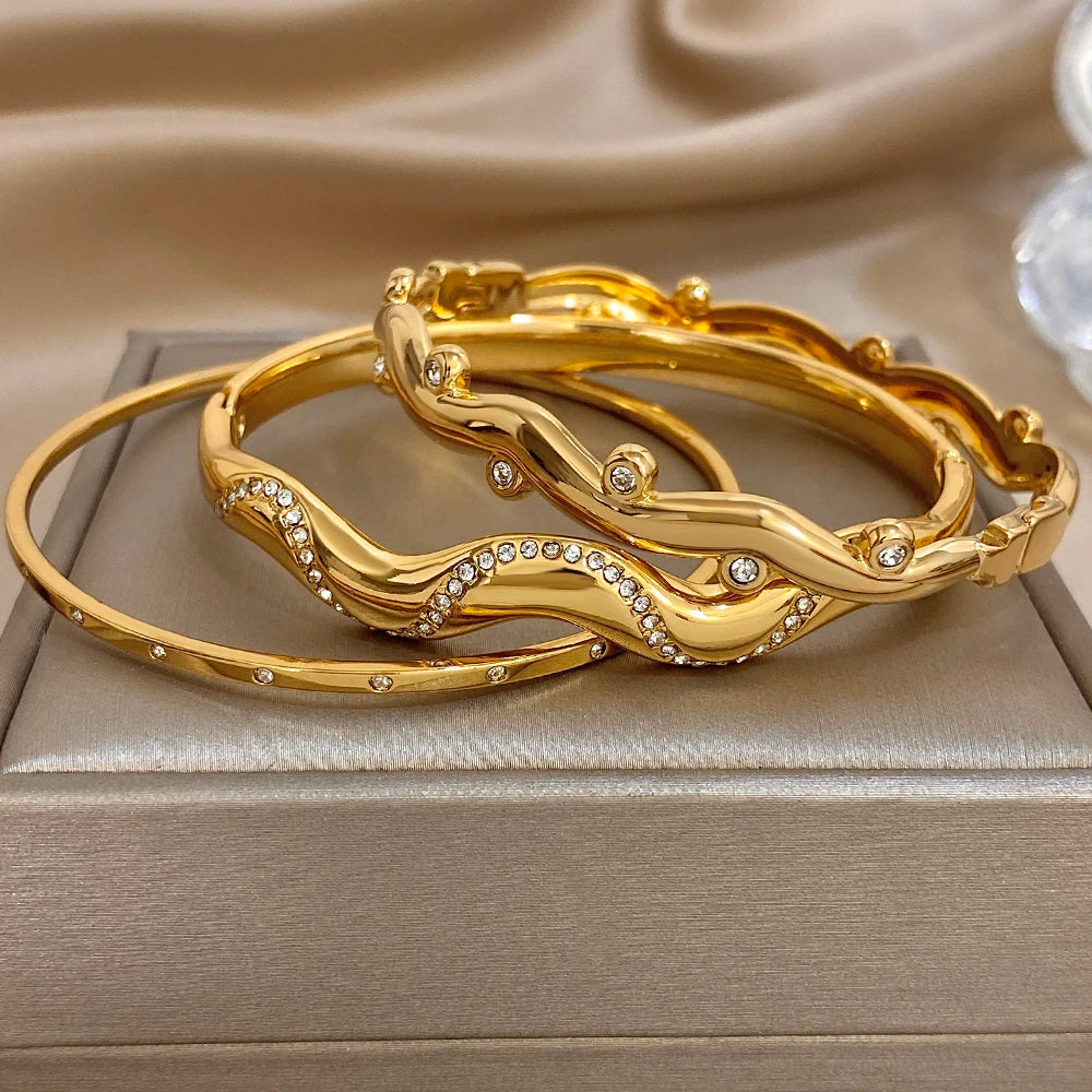 3Style Design Stainless Steel Open Bangle Fashion Half-wavy Diamond-encrusted Fine Bracelet For Women Men European American New