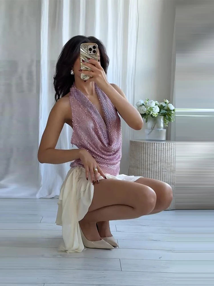Sexy Diamond Halter Dress Women Shinny Sleeveless Backless V-neck Slim A-line Dresses Female 2026 Spring Summer Party Lady Robes