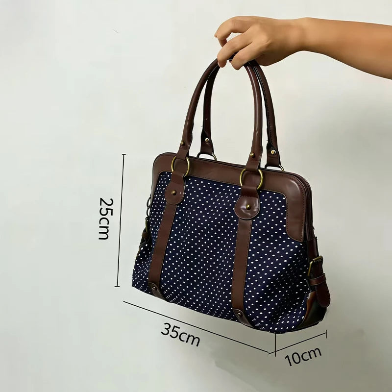 Vintage Polka Dot Tote Bag Women Preppy Style Large Capacity Handbag Briefcase Versatile Commuter Shoulder Bag With Leather Trim
