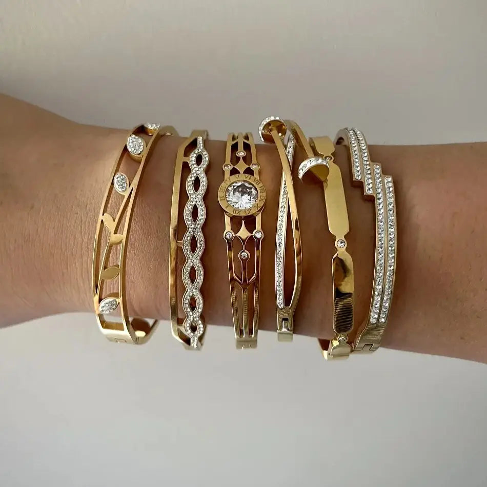 New Design Gold Color Zircon And Cross Nut Nail Bracelet & Bangles For Woman Metal Stainless Steel Waterproof  Jewelry Wholesale