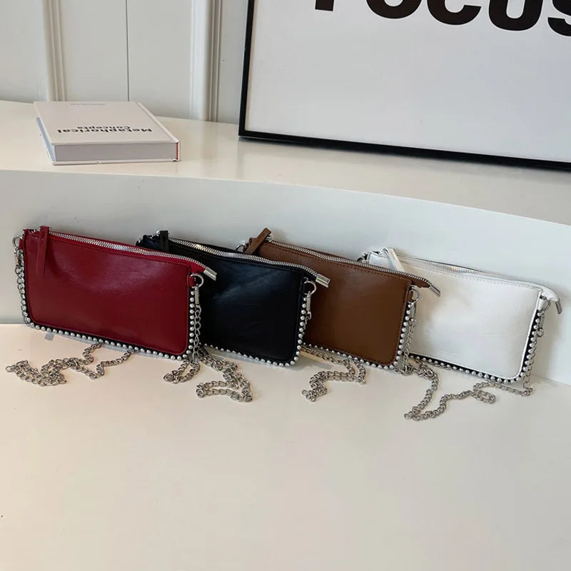Solid color Black Crossbody Bags For Women Beading Chain Mobile Phone Purses Fashion Shoulder Messenger Bag