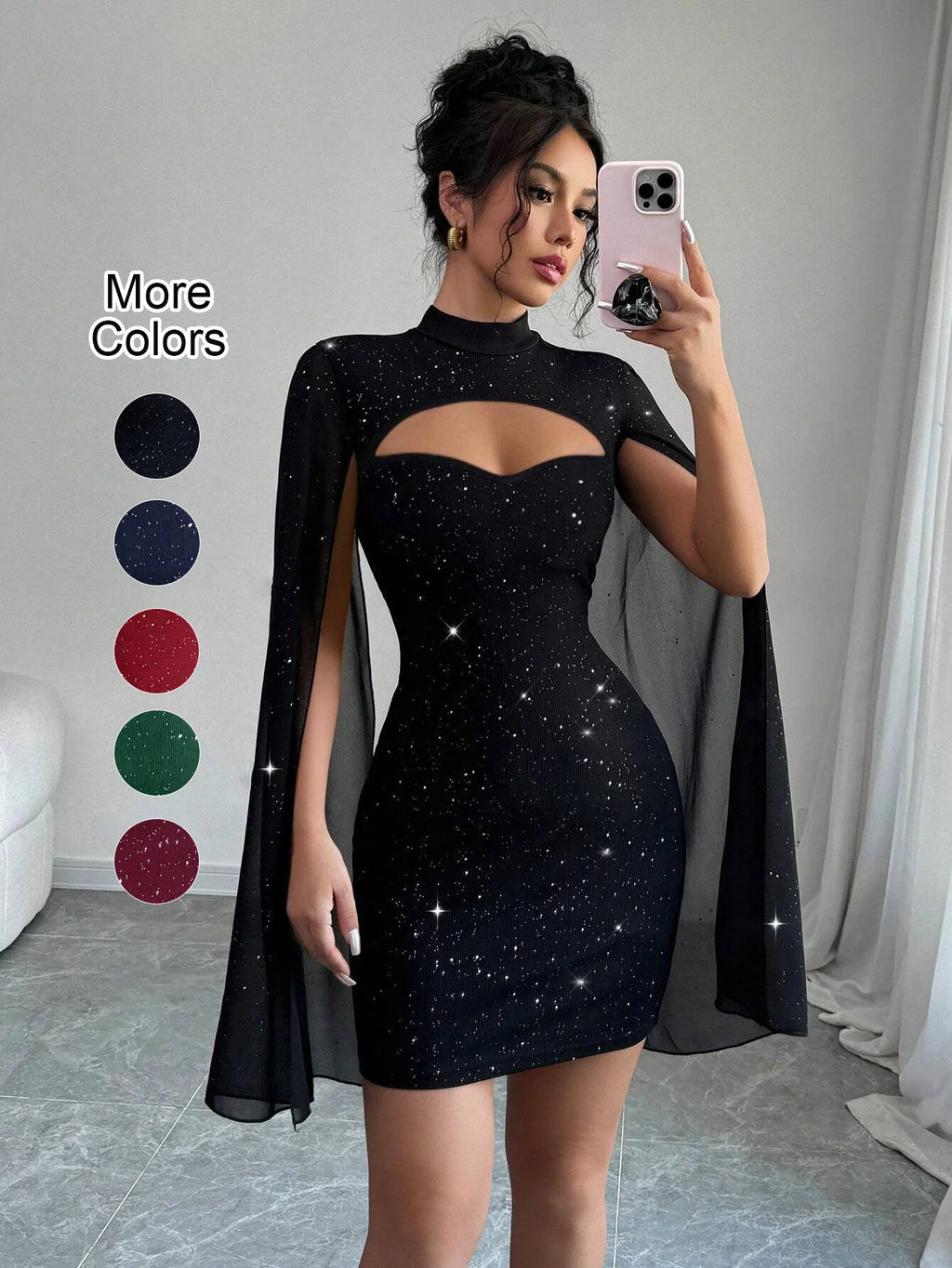 Sexy Women's Stand Collar Cape Mini Dress Sequins Sparkling Club Party Night Out Fitted Bodycon Elegant Autumn Winter