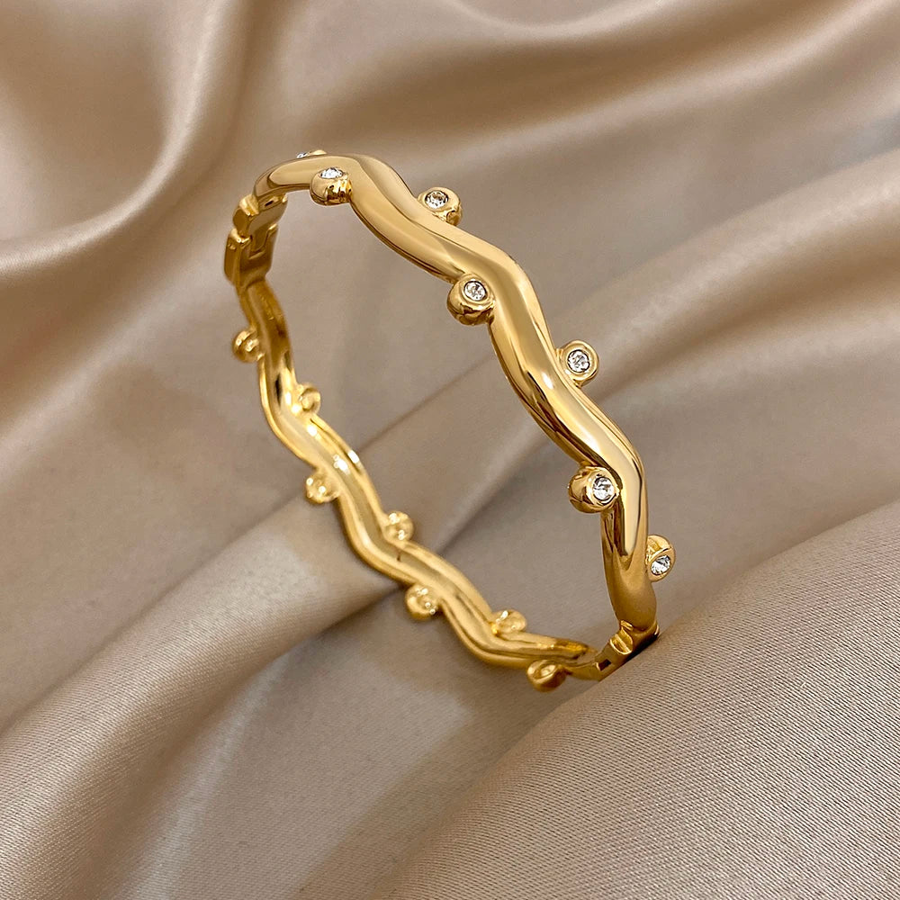 3Style Design Stainless Steel Open Bangle Fashion Half-wavy Diamond-encrusted Fine Bracelet For Women Men European American New