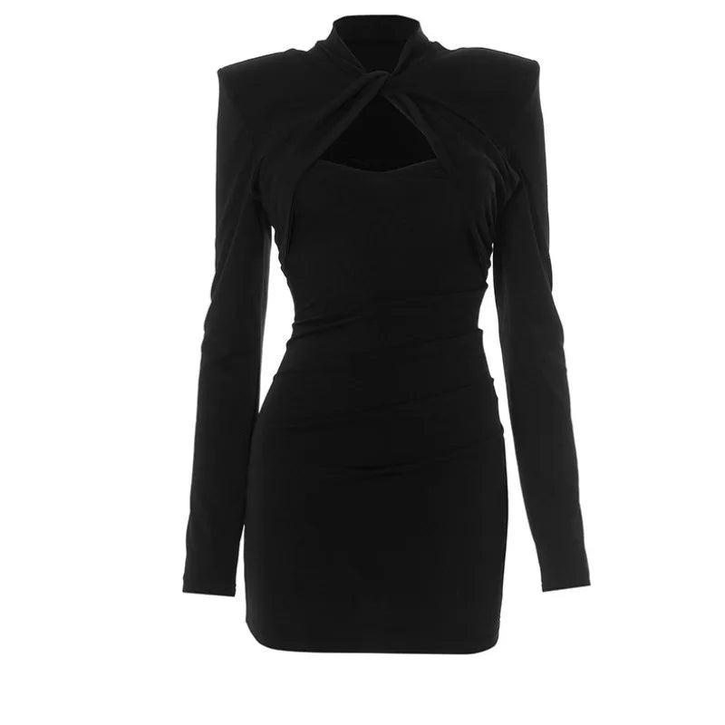 Fashion Autumn Sexy Women Slim Fit Long Sleeve Dress Party Elegant Hollow Out Short Evening Dress Spring Mock Neck Clothing