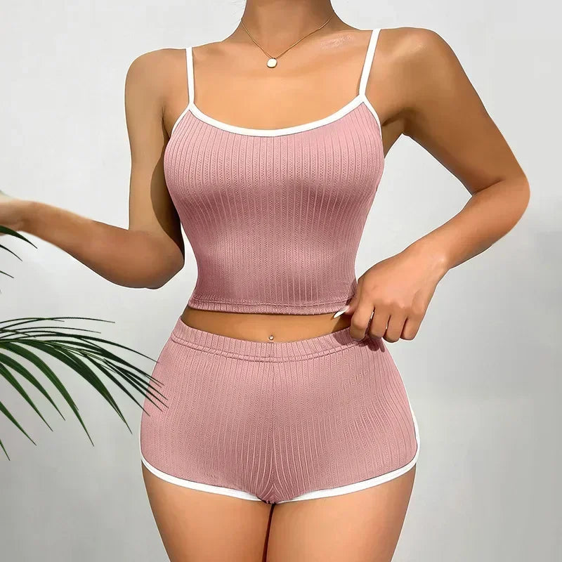 Europe and America Sleepwear Homewear Sexy Nightwear Ladies Solid Color Pajamas Thin Suspender Ribbed Loungewear 2PCS/Set