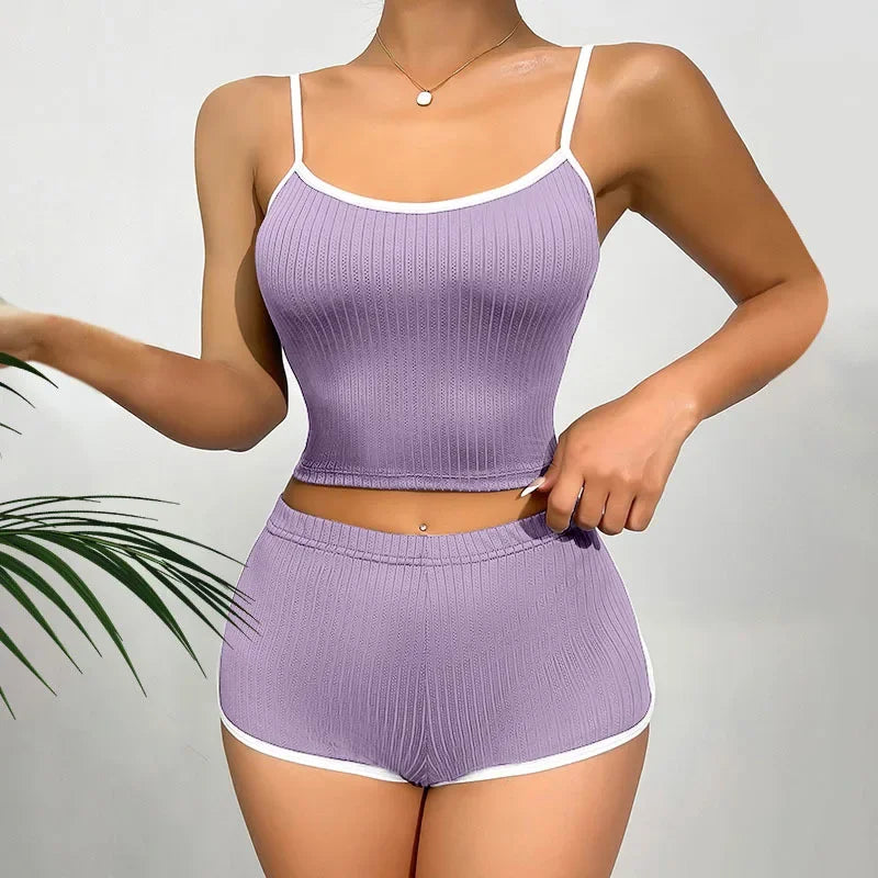 Europe and America Sleepwear Homewear Sexy Nightwear Ladies Solid Color Pajamas Thin Suspender Ribbed Loungewear 2PCS/Set