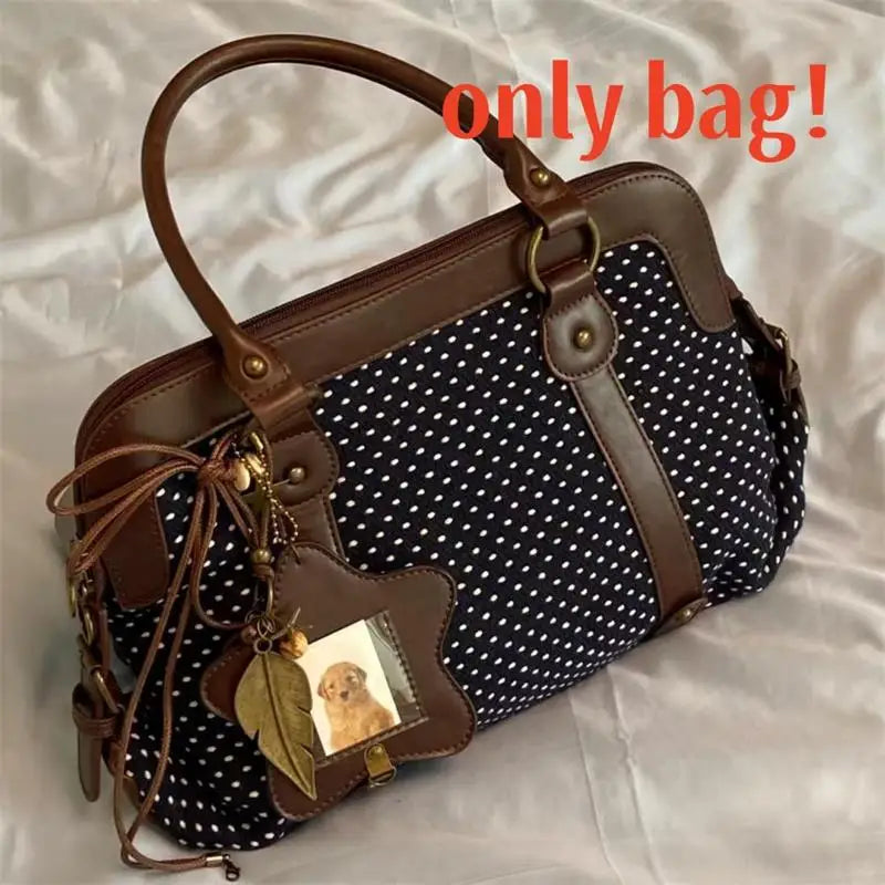 Vintage Polka Dot Tote Bag Women Preppy Style Large Capacity Handbag Briefcase Versatile Commuter Shoulder Bag With Leather Trim