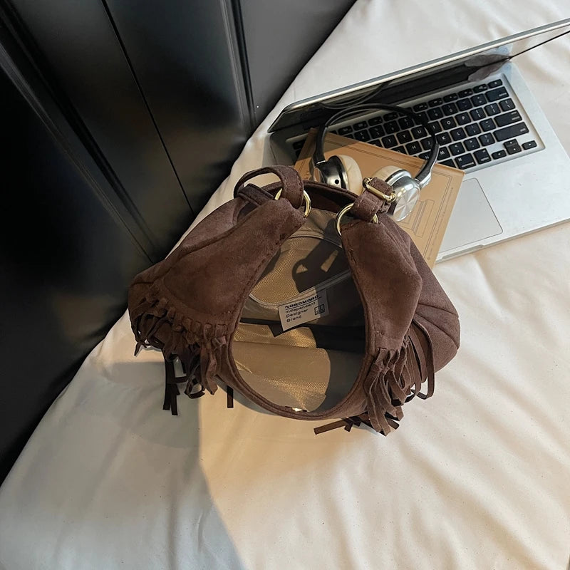 LEFTSIDE Design Faux Suede Shoulder Bags for Women 2025 Tassels Crossbody Bag Females Retro New Luxury Handbags and Purses